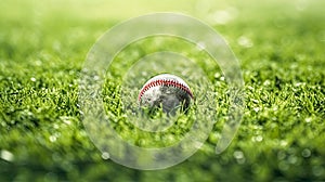 A baseball rests peacefully in the lush green grass