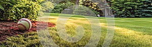 A baseball rests peacefully in the lush green grass