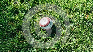 A baseball rests peacefully in the lush green grass