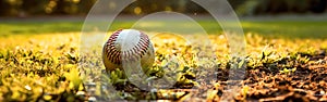 A baseball rests peacefully in the lush green grass photo