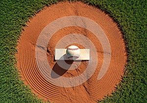 A baseball rests on a pitcher's