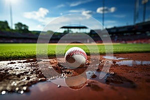 Baseball scene chalk lined infield, sporting action on the field