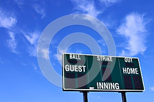 Baseball scoreboard and blue sky