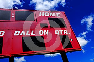 Baseball Scoreboard Competition with Blue Sky and Clouds