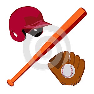 Baseball set, helmet, glove with ball and bat, vector illustration