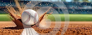 Baseball skidding across the dirt on court, capturing the dynamic action of sports. Panorama with copy space.