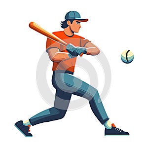 Baseball softball player in action vector illustration, hitter swinging with bat design template isolated on white background