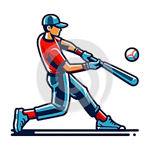 Baseball softball player in action vector illustration, hitter swinging with bat design template isolated on white background