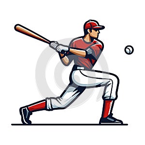 Baseball softball player in action vector illustration, hitter swinging with bat design template isolated on white background