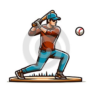 Baseball softball player in action vector illustration, hitter swinging with bat design template isolated on white background