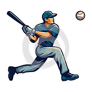 Baseball softball player in action vector illustration, hitter swinging with bat design template isolated on white background