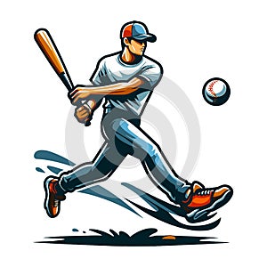 Baseball softball player in action vector illustration, hitter swinging with bat design template isolated on white background