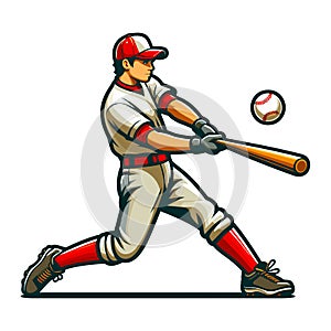 Baseball softball player in action vector illustration, hitter swinging with bat design template isolated on white background