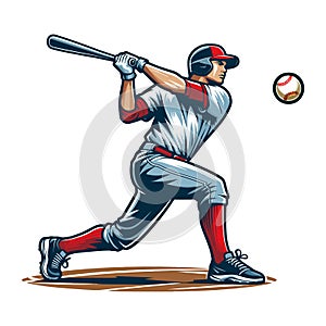 Baseball softball player in action vector illustration, hitter swinging with bat design template isolated on white background
