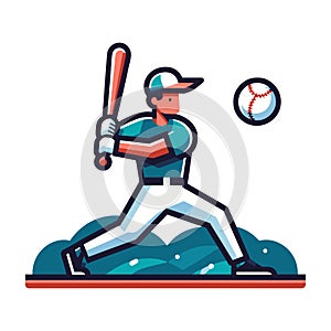 Baseball softball player in action vector illustration, hitter swinging with bat design template isolated on white background