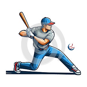 Baseball softball player in action vector illustration, hitter swinging with bat design template isolated on white background