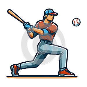 Baseball softball player in action vector illustration, hitter swinging with bat design template isolated on white background