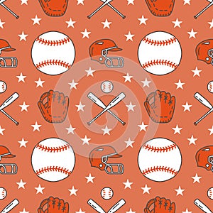 Baseball, softball sport game vector seamless pattern, background with line icons of balls, player, gloves, bat, helmet