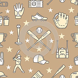 Baseball, softball sport game vector seamless pattern, background with line icons of balls, player, gloves, bat, helmet
