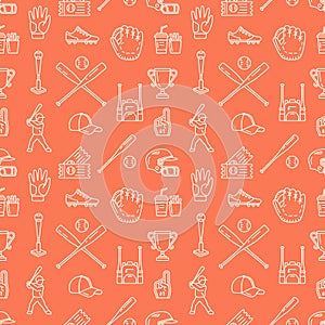 Baseball, softball sport game vector seamless pattern, background with line icons of balls, player, gloves, bat, helmet