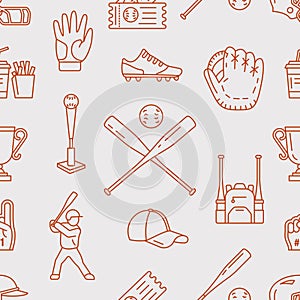 Baseball, softball sport game vector seamless pattern, background with line icons of balls, player, gloves, bat, helmet