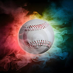 Baseball spectacle colorful ball pops against a mysterious smoky background, adding drama