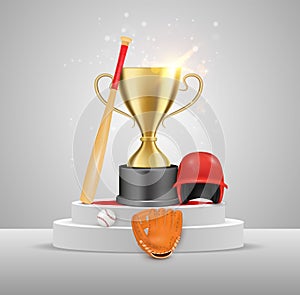 Baseball sport game championship winner trophy, award, vector illustration. gold champion cup, baseball on white podium.