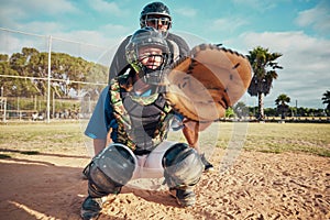 Baseball, sport and team person fielder on a outdoor sports field during a exercise game or match. Fitness, training and