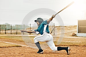 Baseball, sports and homerun with a man athlete or batter hitting and scoring during a game outdoor on a pitch. Sport