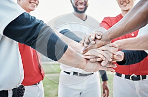 Baseball, sports motivation or hands in huddle with support, hope or faith on baseball field in game together. Teamwork