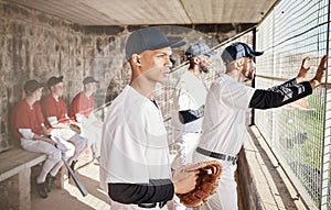 Baseball, sports and player with team in stadium watching games, practice match and competition on field. Fitness