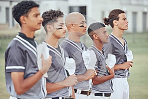 Baseball, sports and respect with a team standing to sing an anthem song before a game or match outdoor. Fitness, sport