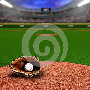 Baseball Stadium With Glove and Ball With Copy Space