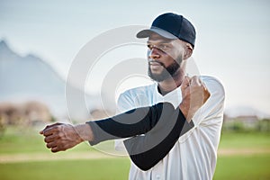 Baseball stadium, stretching or black man on field ready or thinking of training match on a pitch in summer. Workout