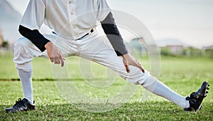 Baseball stadium, stretching legs or athlete on field ready for training match on grass in summer. Body of man, fitness