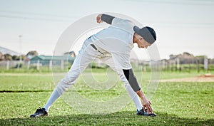 Baseball stadium, stretching legs or man on field ready for training match on grass in summer. Healthy athlete, fitness