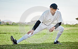 Baseball stadium, stretching or sports athlete on field ready for training match on grass in summer. Active man, fitness