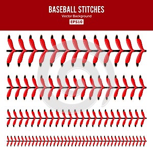 Baseball Stitches Vector. Lace From A Baseball Isolated On White. Sports Ball Red Laces Set.