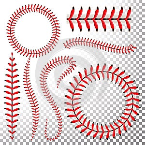 Baseball Stitches Vector Set. Baseball Red Lace Isolated On Transparent Background. Seam Baseball Ball, Seam Of Red Thread Illustr photo