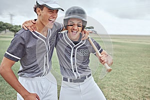 Baseball, success and friends in celebration after winning a sports game or training match on a baseball field in Texas