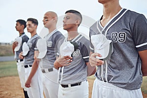 Baseball team, sports and national anthem at competition event, games and athlete motivation on stadium arena field