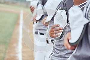 Baseball team, sports and national anthem to start event, competition games and motivation on stadium arena pitch