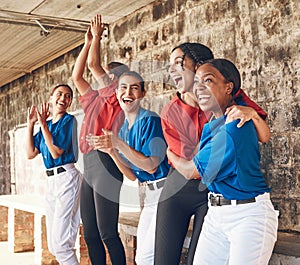 Baseball, team and women in celebration of winning game, match or success in competition and homerun achievement. Winner photo