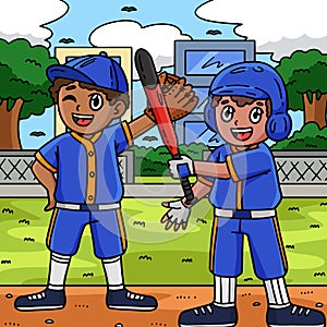 Baseball Teammate Colored Cartoon Illustration