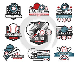 Baseball tournament isolated icons, sporting items, bat and ball