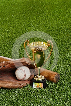 Baseball trophy with bat ball and glove