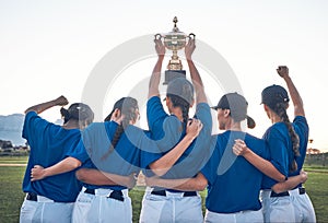 Baseball, trophy and team celebrate win with women outdoor on a pitch for sports competition. Behind professional