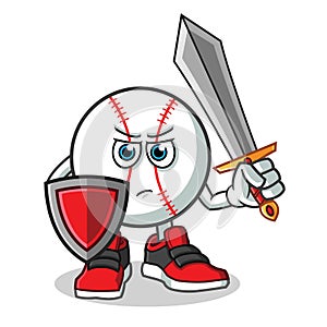 Baseball warior holding sword and shield mascot vector cartoon illustration