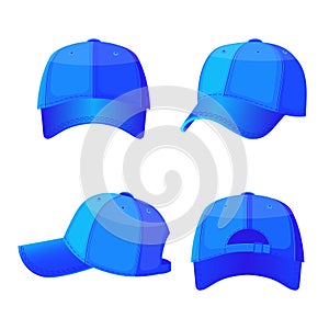 Baseball white caps in front side and back view isolated