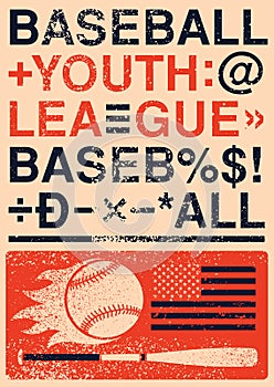 Baseball Youth League tournament typographical vintage grunge style poster design. Retro vector illustration.